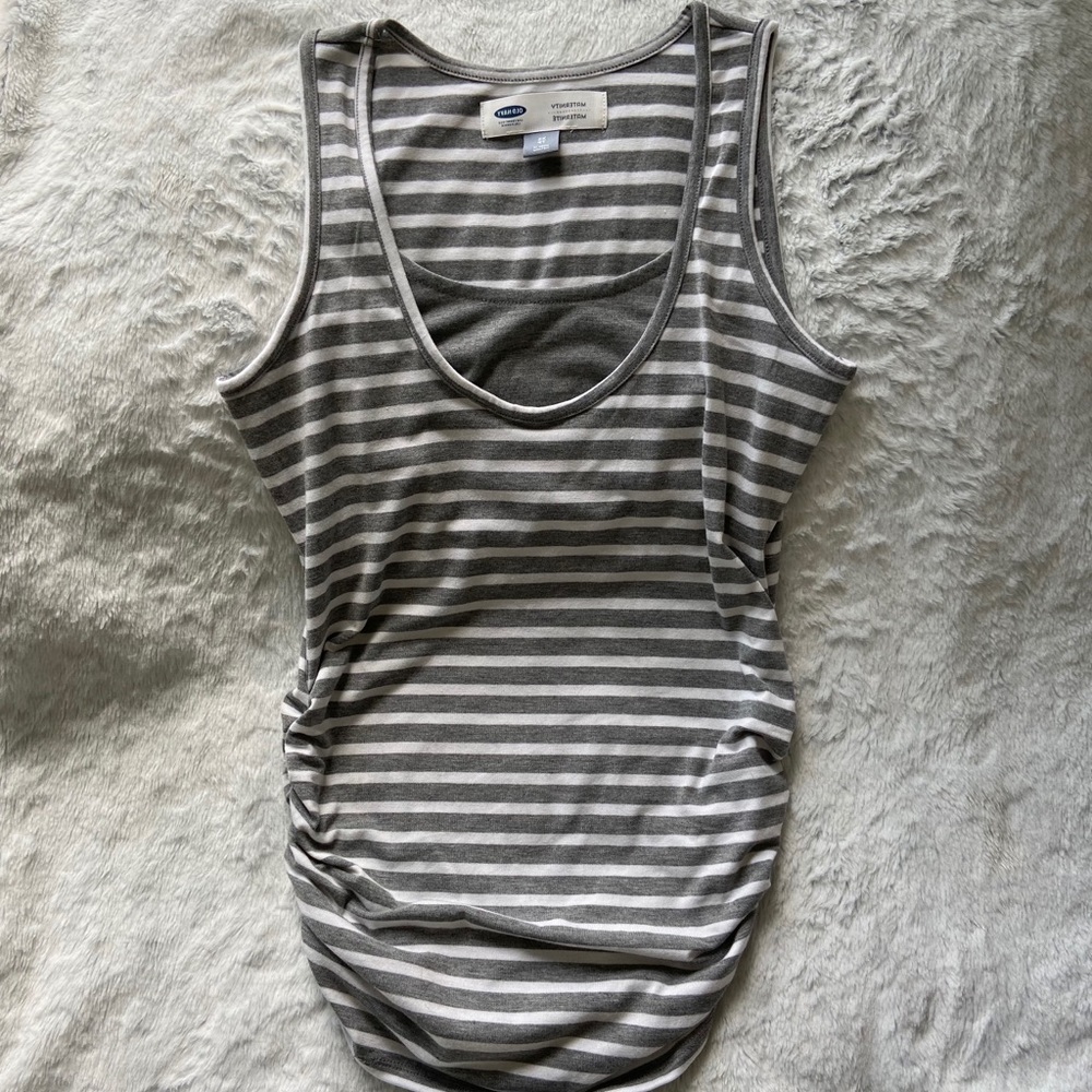 Gray and white stripped maternity tank top